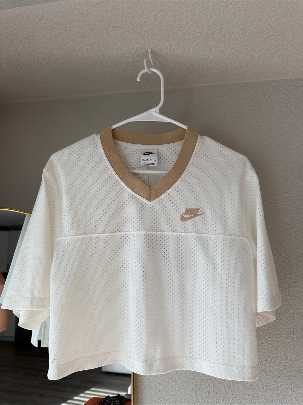 Nike Women's White Crop Mesh V-Neck with Tan Trim